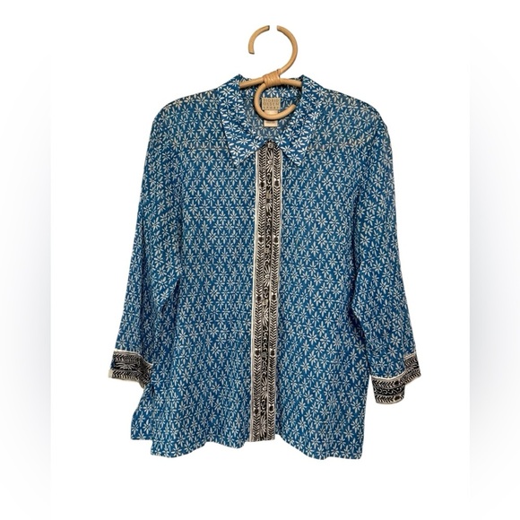 Sigrid Olsen Sport Blue Floral Button Down Shirt Contrast Trim Lightweight M - Picture 2 of 14
